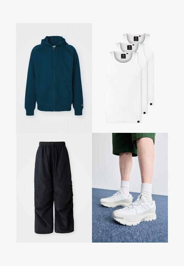 Tirkīza krāsas zip-up kapučo ar auklu, ribotām aprocēm un apakšmalu. Iekļautas divas priekšējās kabatas un logotipa akcenti uz piedurknes.; Trīs baltas ribotas krūšturi, kas izgatavoti no kokvilnas. Iezīmēti ar apaļu kakla izgriezumu un maziem melniem etiķetēm tuvu apakšmalai. Pieejami vairākos izmēros.; Melnas vieglas neilona cargo bikses ar elastīgu jostu, regulējamu auklu un vairākiem slāņotiem kabatām uz kājām.; Baltas sporta apavi ar teksturētām detaļām, masīvu zoli un pelēkiem akcentiem. Valkāti ar baltiem zeķu pēdu apģērbiem un zaļām šortiem uz zilas virsmas.