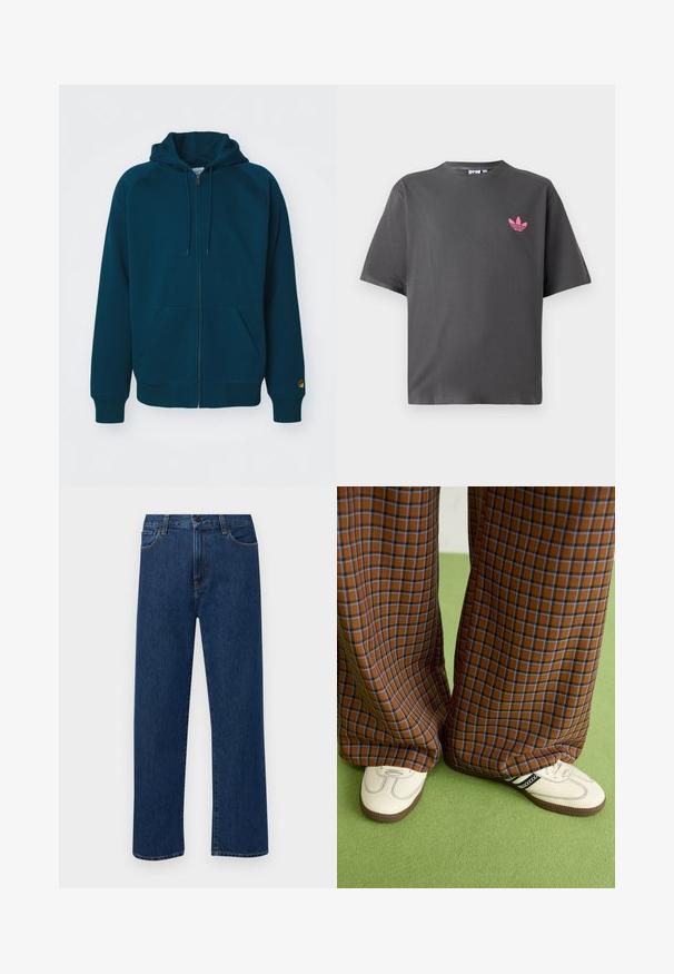 Teal zip-up huvtröja med dragsko på huvan, ribbade ärmslut och nederkant. Har två framfickor och en logotypdekoration på ärmen.; Mörkgrå t-shirt med korta ärmar och en liten rosa Adidas trefoil-logga på vänster bröst, visad mot en vit bakgrund.; Mörkblå raka denimjeans med framfickor och knappstängning, visade mot en enkel vit bakgrund.; Bruna och blå rutiga vida byxor i kombination med vita skor med svarta accenter och texturerade sulor, mot en grön bakgrund.