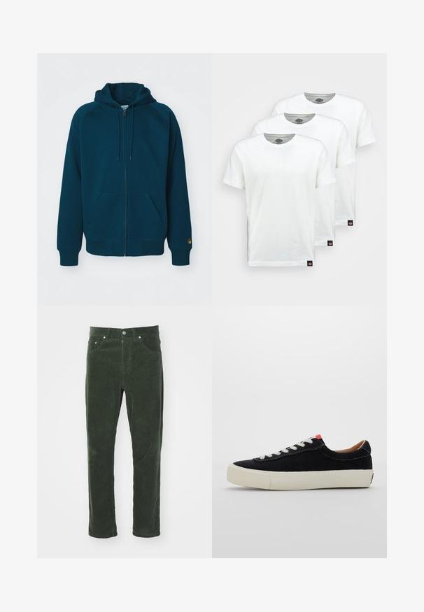 Teal ritscapuchon met een trekkoord, ribbelboorden en -zoom. Beschikt over twee voorkruiszakken en een logoaccent op de mouw.; Drie eenvoudige witte katoenen T-shirts met korte mouwen. Elk shirt heeft een ronde halslijn en een klein zwart logo-label aan de linkerkant.; Groene corduroy broek met een recht gesneden ontwerp, voorzien van vijf zakken, metalen knoopsluiting en een gestructureerd ribbeloppervlak.; Zwarte stoffen sneaker met witte veters, beige rubberen zool en rode accent aan de hiel. Rond toe en minimale stikseldetails.