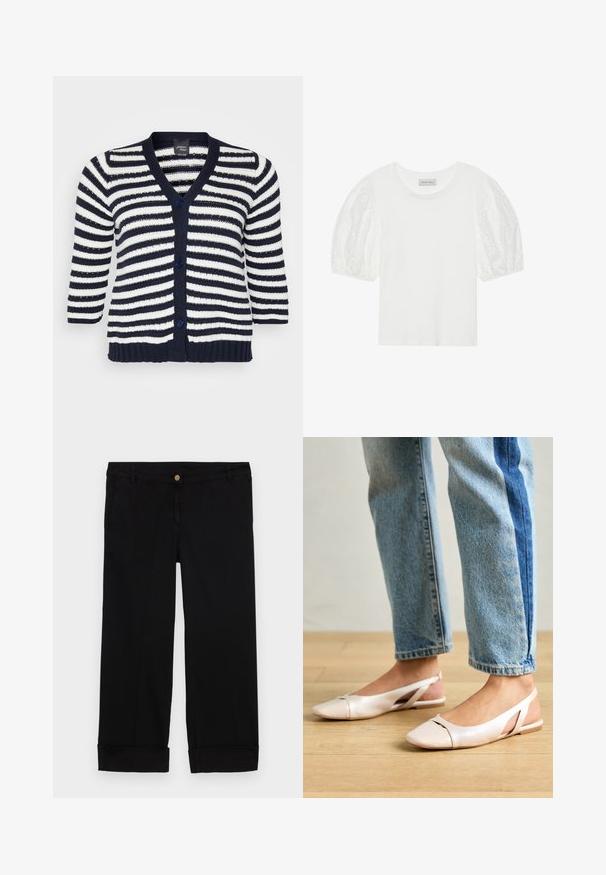 Navy and white striped knit cardigan with three-quarter sleeves, V-neck, and blue buttons along the front. Soft material and ribbed hem.; White cotton t-shirt featuring sheer, embroidered puff sleeves. Classic round neck design with a relaxed fit. Simple and modern aesthetic.; Black cotton trousers with a straight-leg cut, featuring front pockets, a gold button closure, and rolled cuffs. Smooth texture.; Pale pink slingback flats with a pointed toe, made from a smooth leather-like material. Features cut-out details at the sides and a flat heel.
