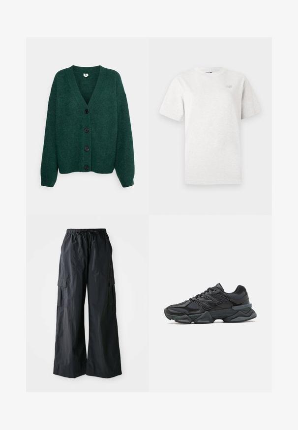 ARKET Casaco de malha - dark green; T-shirt cinza de mangas curtas, feito de algodão macio, com decote redondo e um pequeno logótipo no lado esquerdo do peito.; Calças cargo pretas feitas de um tecido leve, apresentando um design de perna larga, cintura elástica e vários bolsos laterais. Simples e funcionais.; Sapato de corrida preto com uma combinação de malha e materiais sintéticos, sola robusta, design curvado e uma marca de destaque na lateral.