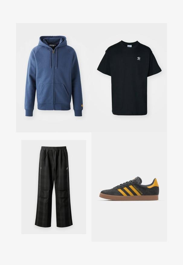 Blå zip-up hoodie gjord av bomullsblandat tyg, med en justerbar huva, framfickor och ribbade muddar och fåll.; Svart bomullströja med rund hals och korta ärmar, prydd med en liten vit Adidas-logotyp på vänster bröst.; Svarta rutiga byxor med elastisk midja, två framfickor och en lös passform med rak bendesign. Tillverkade av lätt material.; Svart mockaskor med gula accenter, med tre ränder och en brun gummisula. Inkluderar en vadderad tunga för extra komfort.