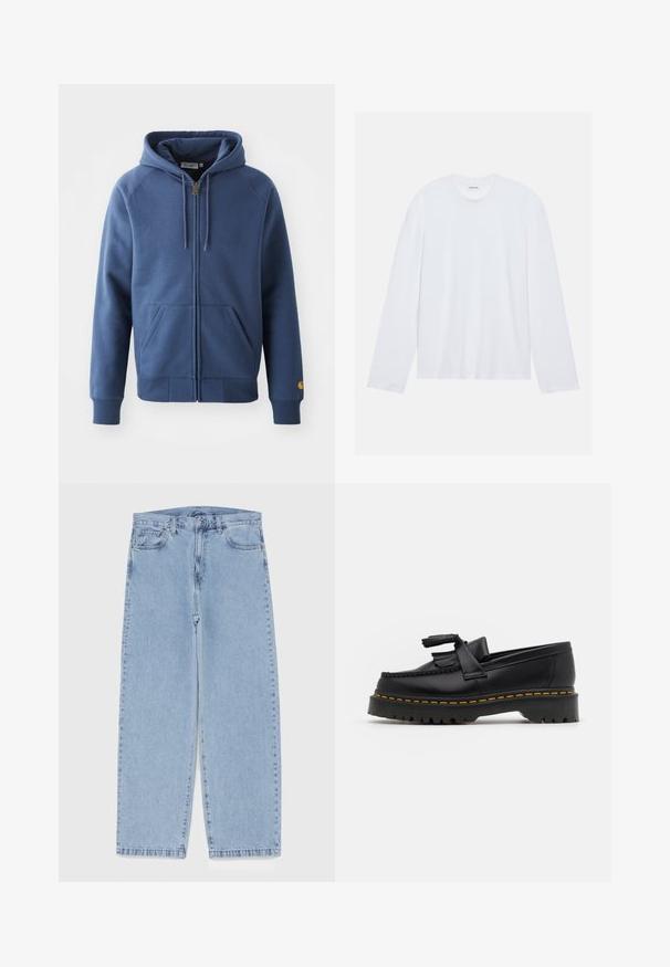 Felpa con zip blu realizzata in tessuto misto cotone, dotata di cappuccio regolabile con cordino, tasche frontali e polsini e orlo a costine.; T-shirt bianco a maniche lunghe realizzato in cotone. Presenta un classico collo a giro e cuciture delle spalle abbassate, con una texture liscia e uniforme.; Jeans in denim azzurro chiaro con design a gamba dritta, caratterizzati da una vita media, cinque tasche e chiusura con bottone e zip.; Mocassino in pelle nera con un'accento a frange, dotato di una suola nera spessa e cuciture gialle lungo il bordo. Finitura testurizzata.