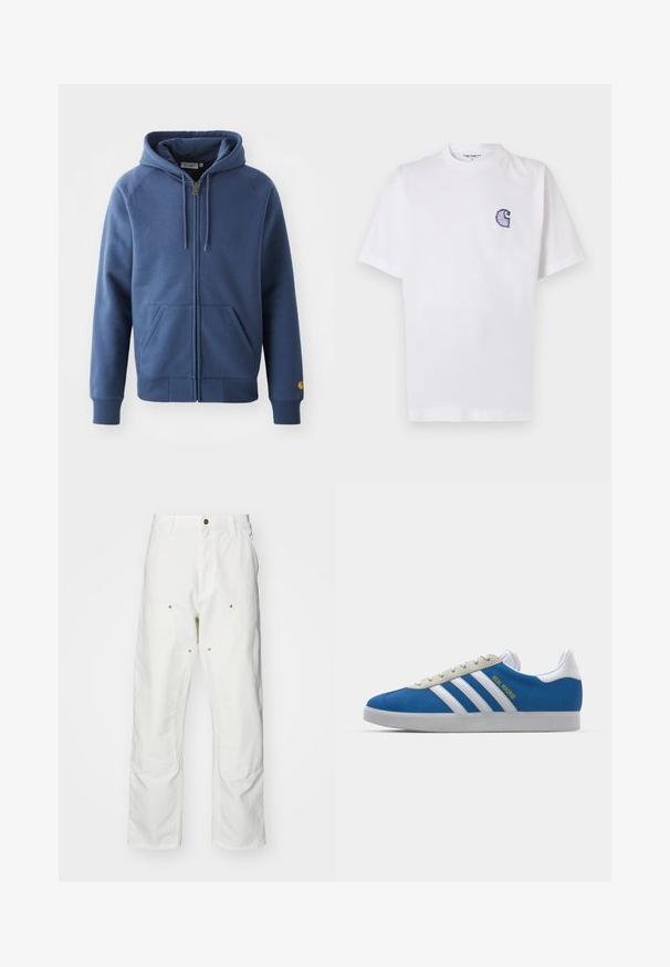 Blue zip-up hoodie made of cotton blend fabric, featuring a drawstring hood, front pockets, and ribbed cuffs and hem.; White cotton t-shirt with short sleeves, round neckline, and a small, embroidered blue "C" logo on the left chest area.; White cotton cargo pants with a relaxed fit. Features include front pockets, gold hardware accents, and reinforced knee sections.; adidas Originals ADIDAS GAZELLE SHOES - Indoor football boots - real madrid/bluebird/footwear white/crew yellow