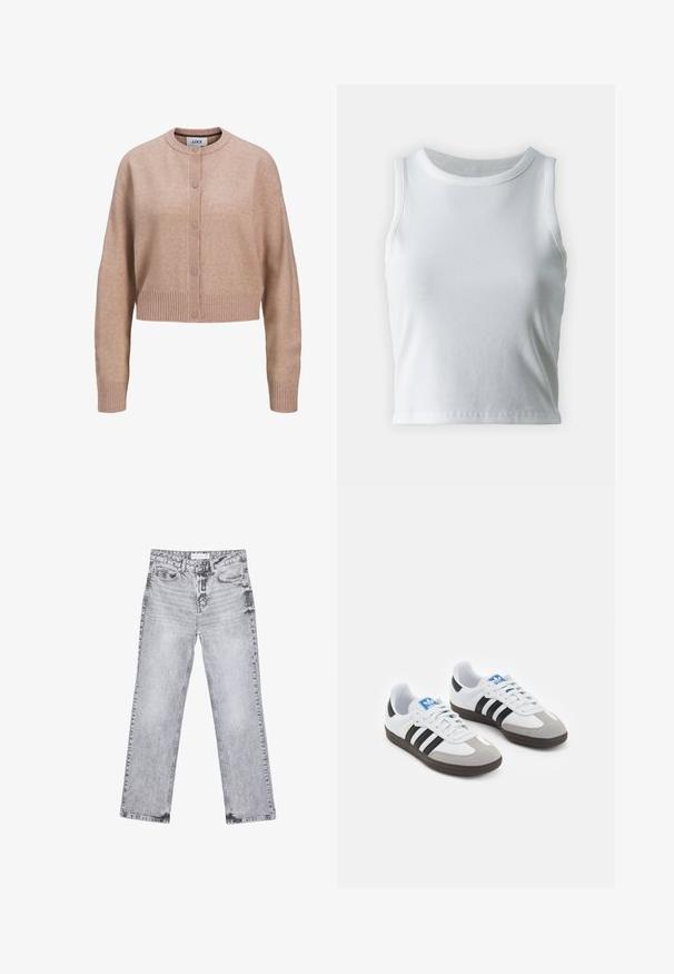 Beige kort cardigan med långa ärmar, rund hals, ribbad muff och nederkant samt knäppning fram.; Vit ribbad linne med rund halsringning och ärmlös design, med en rak nederkant och en smidig, elastisk textur.; Grå denimjeans med rak benpassform, slitna detaljer, fem fickor och kopparnitar. Midjan har en logotagg.; Sportskor med överdel i vit läder, grå mocka på tårna och tre svarta ränder. Har en blå logotyp på tungan och en texturerad gummisula.