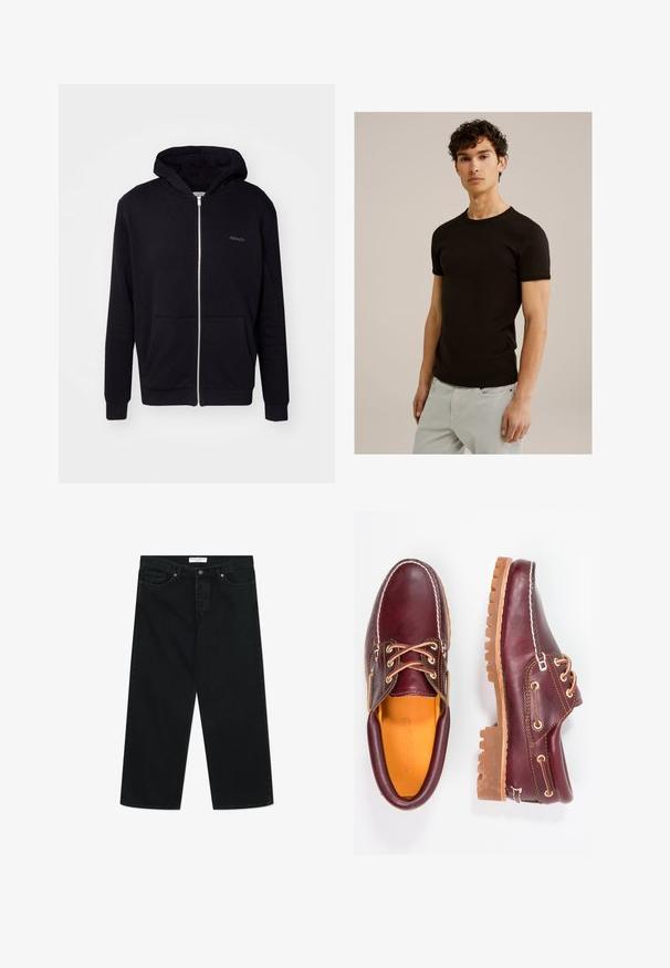 Felpa nera con zip realizzata in tessuto morbido. Presenta un cappuccio, tasche frontali e polsini a coste. Include un logo discreto sul petto.; T-shirt nero a maniche corte con scollatura rotonda, realizzato in un tessuto morbido ed elastico. La vestibilità è slim, progettata per aderire al corpo.; Jeans neri a gamba larga in tessuto denim, con chiusura frontale a bottone, passanti per cintura e tasche. Texture liscia, design minimalista.; Scarpe in pelle bordeaux con suole in gomma marrone, punta rotonda, cuciture bianche e occhielli dorati. L'interno presenta un rivestimento giallo.