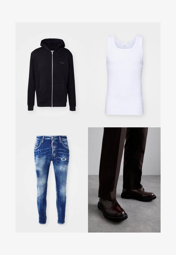 Black zip-up hoodie made of soft fabric. Features a hood, front pockets, and ribbed cuffs. Includes subtle branding on the chest.; White cotton sleeveless tank top with a round neckline, featuring a smooth texture and a fitting shape, designed for casual wear.; Skinny fit blue denim jeans with faded wash, paint splatter detailing, distressed patches, and five-pocket design. Red brand label on waistband.; Brown leather lace-up shoes with a glossy finish, black rubber sole, and subtle stitching. Worn with pinstriped brown trousers.