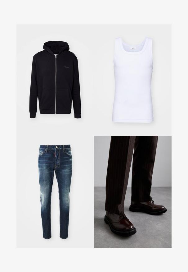 Black zip-up hoodie made of soft fabric. Features a hood, front pockets, and ribbed cuffs. Includes subtle branding on the chest.; White cotton sleeveless tank top with a round neckline, featuring a smooth texture and a fitting shape, designed for casual wear.; Dark blue denim jeans with a slim fit, featuring faded areas on the thighs and knees, five pockets, and a metal button closure.; Brown leather lace-up shoes with a glossy finish, black rubber sole, and subtle stitching. Worn with pinstriped brown trousers.