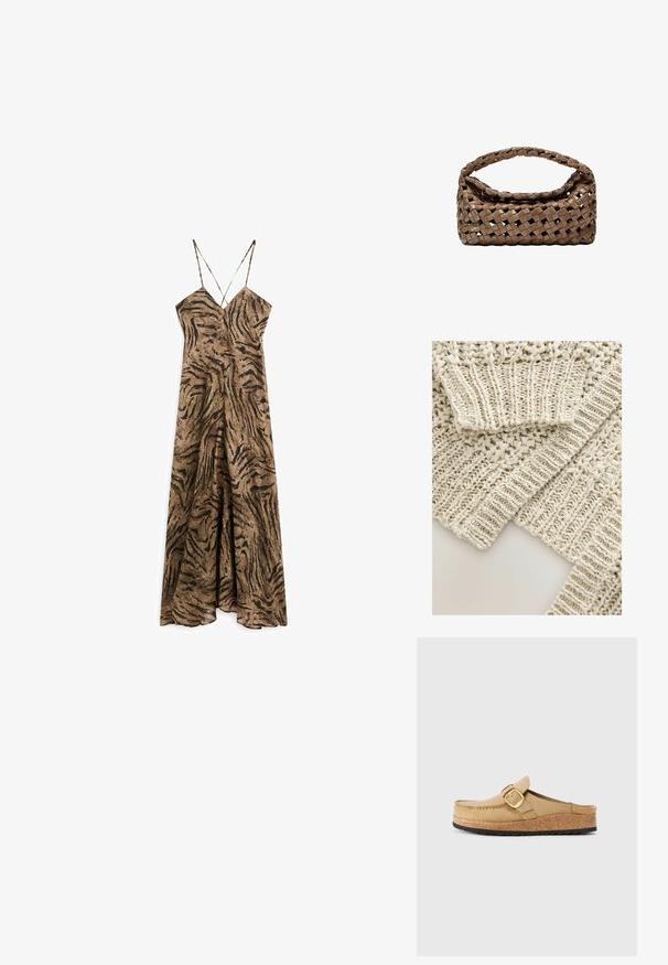 Bežová pletená látka s komplikovanou otevřenou vazbou a texturovanými lemováním. Vyznačuje se měkkým, lehkým vzhledem s podrobnými vzory.; Hnědo-černé maxi šaty s tygřími pruhy, tenkými ramínky a volným střihem, se hlubokým výstřihem a uvolněným střihem.; Béžové dřeváky s širokým popruhem a zlatou sponou, vyrobené z měkkého materiálu, s korkovou mezipodešví a strukturovanou černou gumovou podrážkou.; Tkaná hnědá kabelka s obdélníkovým tvarem, pevnou rukojetí a texturovaným povrchem. Disponuje uzavřeným vrchem a složitým vzorem tkaní.