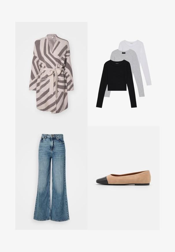Béžový župan s hnedými cik-cak pruhmi, vyrobený z mäkkej tkaniny. Obsahuje opasok a dve predné vrecká. Dlhé rukávy a otvorený predný diel.; Tričko s dlhým rukávom v troch farbách: čiernej, sivej a bielej. Každé má okrúhly výstrih a skrátený strih vyrobený z hladkej, ľahkej tkaniny.; Svetlomodré vysoké džínsy s širokými nohavicami, prednými vreckami a gombíkovým zapínaním, zobrazené na jednoduchom bielom pozadí.; Béžové semišové baletky s čiernou koženou okrúhlou špičkou, nízkym podpätkom a hladkou textúrou, s minimálnym prešívaním a čistým dizajnom.