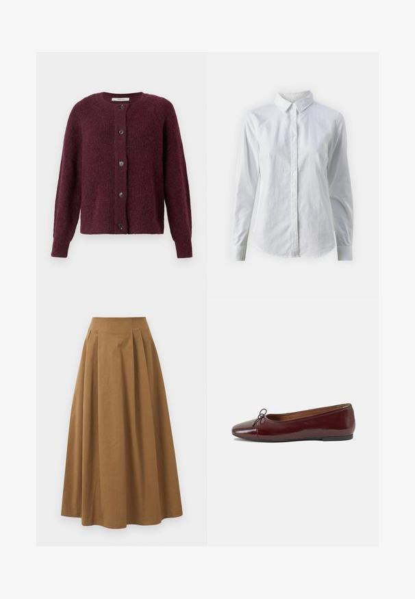 Kardigan v barvě meruňkové marmelády vyrobený z texturované pleteniny, má kulatý výstřih, dlouhé rukávy a pět černých knoflíků na přední části.; Bílá košile na knoflíky vyrobená z hladké bavlny, s klasickým límcem, dlouhými rukávy a zakřiveným spodním lemem. Knoflíky jsou malé a bílé.; Hnědá bavlněná sukně ve stylu A s vysokým pasem, se sklady na přední straně a hladkou texturou. Lemování je čisté a jednoduché.; Burgundské lakové baleríny s kulatou špičkou, malou mašlí vpředu a nízkou černou gumovou podrážkou. Hladký povrch.