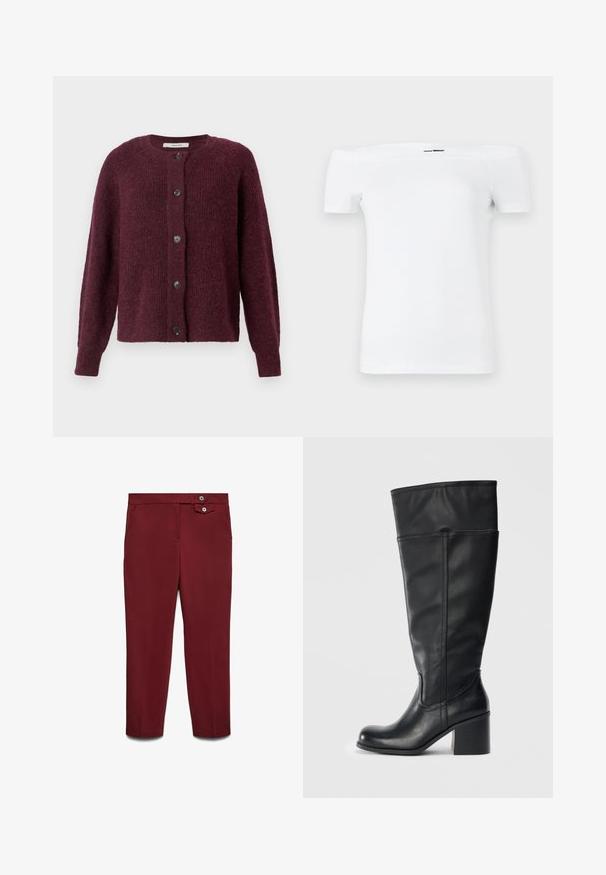 Marmeladinės spalvos megztinis, pagamintas iš tekstūruoto mezginio, su apvaliu kaklu, ilgomis rankovėmis ir penkiomis juodomis saga priekyje.; Balta of-off-shoulder marškinėlė su trumpomis rankovėmis, pagaminta iš minkštos medvilnės, su priderintu dizainu ir tiesiu apatiniu kraštu.; Lieknos bordo kelnės su šoninėmis kišenėmis ir dvigubos sagos užsegimu ties juosmeniu, pagamintos iš lygaus audinio.; Kojų aukščio juodos odinės botai su blokuotu kulnu, lygiu paviršiumi ir siuvinėjimo detalėmis iš šonų. Paprastas ir modernus dizainas.