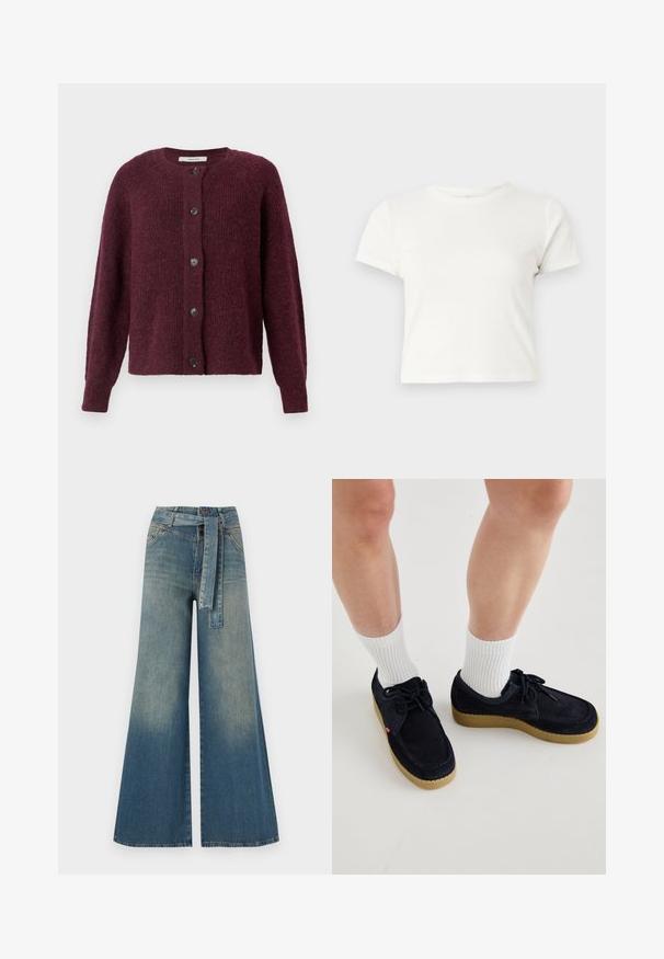 Karamelkrāsas džemperis, izgatavots no teksturētas adīšanas auduma, ar apaļu kaklu, garām piedurknēm un pieciem melniem pogām priekšpusē.; Īsa balta T-kreklā izgatavots no kokvilnas ar īsām piedurknēm, apaļu kakla izgriezumu un taisnu apakšu, piedāvā gludu tekstūru un minimālistisku dizainu.; Platām kājām džinsu bikses ar gaismas līdz tumši zilam gradientam, augstu jostas līniju, jostas cilpām un atbilstošu auduma jostu. Tekstūrēts džinsas apdare.; Tums zilas zamšādas kurpes ar apaļu purngalu, auklu aizdari un krēmkrāsas gumijas zoli. Apvienotas ar baltām ribotām apakšzālēm.