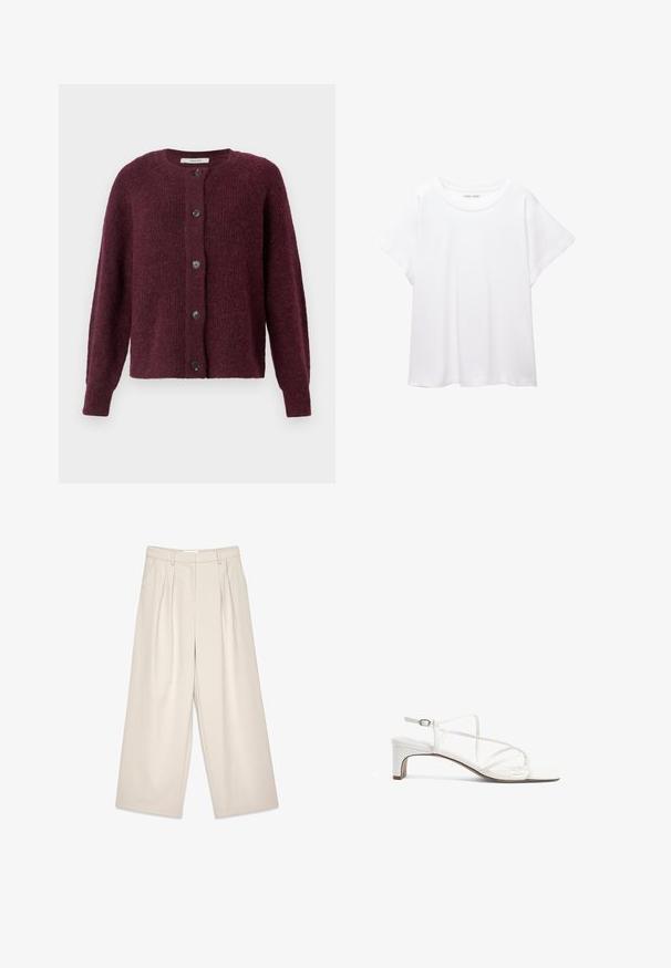 Marmeladekleurige cardigan van gestructureerde brei-kwaliteit, met een ronde hals, lange mouwen en vijf zwarte knopen aan de voorkant.; Witte T-shirt van zacht, lichtgewicht stof. Heeft een ronde halslijn en korte, brede mouwen met een ontspannen pasvorm. Geen zichtbare patronen.; Beige wijde pantalon met plooien, met een gladde textuur en riemlussen. Tailored pasvorm, biedt een losse fit rond de benen.; Witte hak-sandaal met een slanke bandontwerp, vierkante neus en een lage blokhak. Vette afwerking met een verstelbare enkelband.