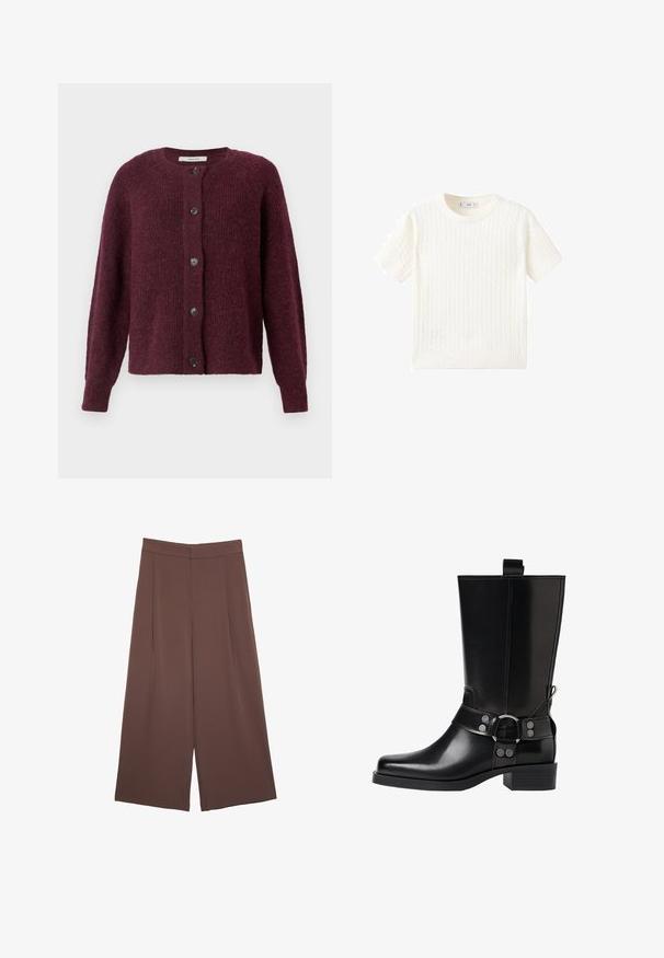 Kardigan v barvi marmelade, narejen iz strukturiranega pletenega blaga, z okroglim izrezom, dolgimi rokavi in petimi črnimi gumbi spredaj.; Bela kratka majica s kratkimi rokavi z vzorcem kabelskega pletenja, okroglo izrezano in rebrastim robom. Mehak material, sproščen kroj in čist dizajn.; Rjave široke hlače z gladko teksturo, ki imajo visok pas in sprednje naborke. Tkanina je lahka in prosto pada.; Črne usnjene škornje do kolen s koničastim nosom, srebrnimi zaponkami in debelim peto. Imajo zanko za enostavno obuvanje.