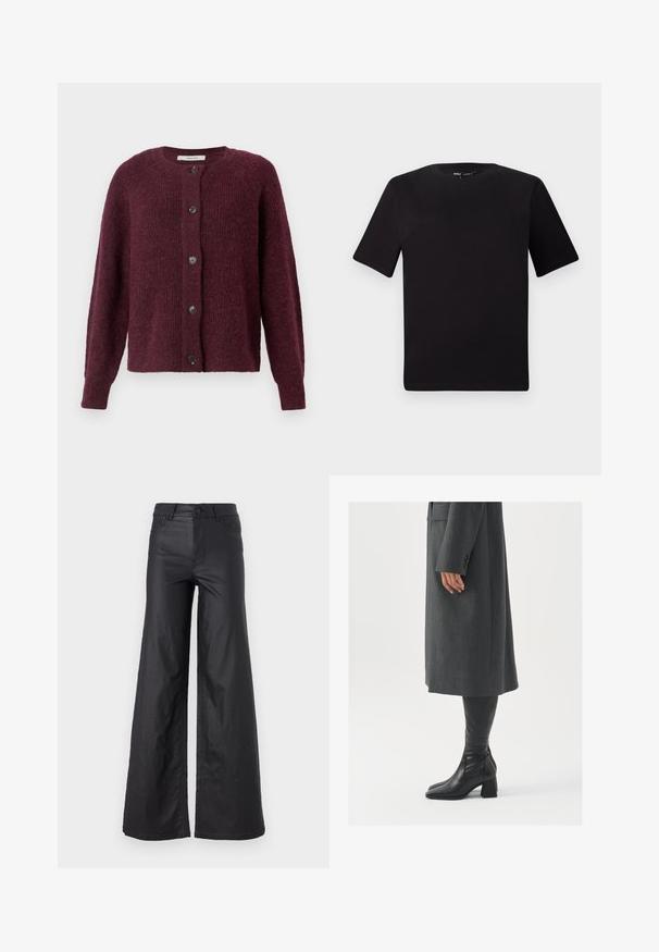 Καρδίνα σε χρώμα μαρμελάδας φτιαγμένη από υφασμένο κλωστοϋφαντουργικό ύφασμα, με στρογγυλή λαιμόκοψη, μακριά μανίκια και πέντε μαύρα κουμπιά μπροστά.; Μαύρο κοντομάνικο μπλουζάκι με στρογγυλή λαιμόκοψη, κατασκευασμένο από απαλό βαμβακερό ύφασμα. Απλός σχεδιασμός, χωρίς ορατά λογότυπα ή μοτίβα.; Μαύρο παντελόνι φαρδιάς γραμμής σε υλικό με faux δερματίνη. Διαθέτει ψηλή μέση, θηλιές ζώνης, δύο μπροστινές τσέπες και ραφές λεπτομέρειας.; Γκρίζο, προσαρμοσμένο παλτό με ευθεία γραμμή; σε συνδυασμό με μαύρες δερμάτινες μπότες μέχρι το γόνατο με τετράγωνη μύτη και χοντρό τακούνι.