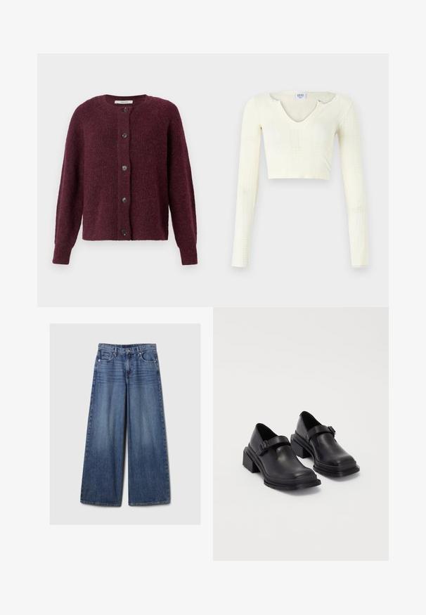 Cardigan na cor de marmelada, feito de tecido de malha texturizado, com decote redondo, mangas longas e cinco botões pretos na parte da frente.; Top crop em material de malha off-white. Mangas longas com textura canelada e pequenos recortes à volta do decote.; Calças de ganga azul de perna larga com um acabamento desbotado, apresentando um fecho de botão e zipper, cinco bolsos e passantes para cinto.; Sapatos de couro pretos com um bico redondo, sola plana e uma fita com detalhe de fivela. Salto bloco robusto para maior estabilidade.