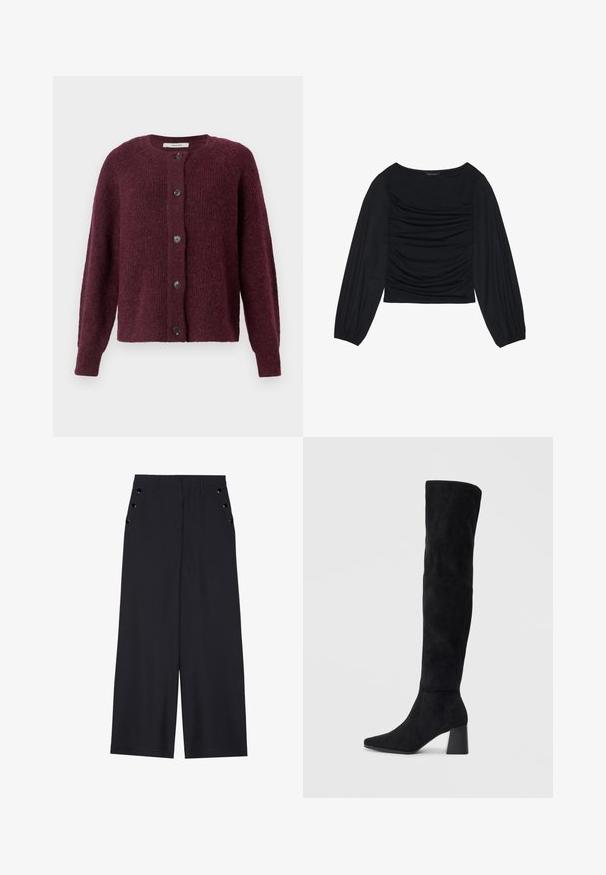 Marmeladinės spalvos megztinis, pagamintas iš tekstūruoto mezginio, su apvaliu kaklu, ilgomis rankovėmis ir penkiomis juodomis saga priekyje.; Juodas ilgomis rankovėmis viršus, su surinkta medžiaga priekyje ir ant riešų, pagamintas iš minkštos, elastingos medžiagos, su laivagalio kaklu.; Platus kojas kelnes tamsiai mėlynos spalvos audiniu, pasižyminčiu lygiu paviršiumi, su priekine kloste ir dekoratyviais auksinės spalvos žiedais šonuose esančiose kišenėse.; Juoda zomšinė kelio ilgio batai su blokuotu kulnu, smailiu nosiu ir lygiu, be siūlių dizainu ant paprastos šviesios fono.