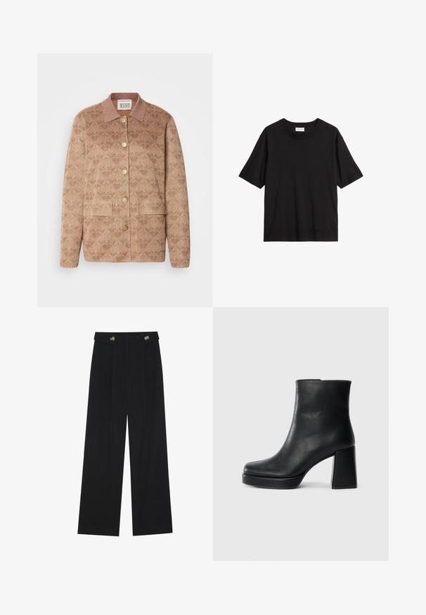 Veste marron à motif avec un col, des boutons dorés et deux poches avant. Fabriquée dans un tissu texturé avec des accents de légère brillance.; T-shirt noir à manches courtes avec un design classique à col rond, fabriqué à partir d'un tissu doux, présentant une coupe décontractée et un style minimal.; Pantalons larges noirs à taille haute, avec des détails de boutons à la taille et des plis sur le devant.; Bottine en cuir noir avec un talon bloc et une semelle plateforme, vue de côté sur un fond blanc uni.