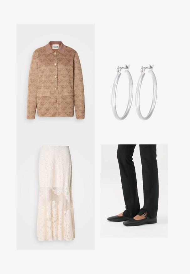 Giacca marrone con motivo, colletto, bottoni dorati e due tasche frontali. Realizzata in tessuto testurizzato con sottili accenti lucidi.; Top nero senza maniche realizzato in un tessuto morbido e elasticizzato. Caratterizzato da un collo rotondo e spalline larghe, con una vestibilità aderente e una superficie liscia.; Gonna midi in pizzo floreale color crema; presenta un design a strati con sezioni trasparenti, pizzo testurizzato e un orlo svasato.; Ballerine in pelle nera con punta appuntita, cinturino con fibbia in argento, abbinate a pantaloni neri su misura con orlo a spacco.; Orecchini a cerchio in argento con una finitura liscia e lucida. Forma rotonda e chiusura a scatto sicura. Design leggero adatto per l'uso quotidiano.