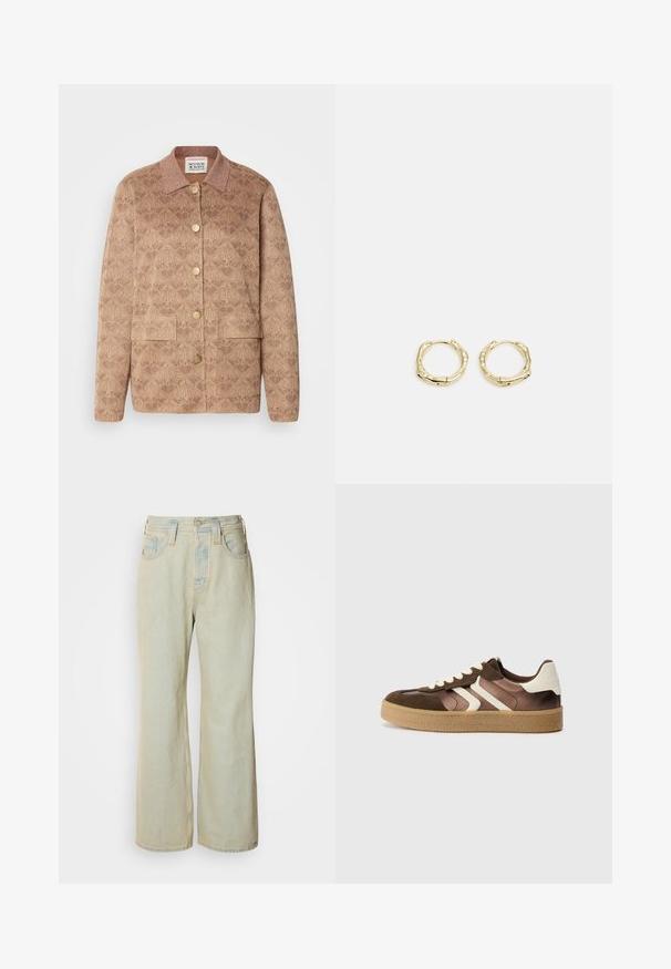 Brown patterned jacket with a collared neckline, gold buttons, and two front pockets. Made from textured fabric with subtle shimmer accents.; Black tank top made from soft, stretchy fabric. Features a round neckline and wide shoulder straps, with a fitted silhouette and smooth texture.; Light blue wide-leg jeans made of denim, featuring a high waist, five pockets, and subtle fading with contrasting stitching accents.; Brown and cream sneakers with a combination of suede and satin materials, featuring three diagonal stripes and a textured gum sole.; Gold hoop earrings with a textured, irregular shape. Features a seamless closure and a polished surface finish, emphasizing a modern design.