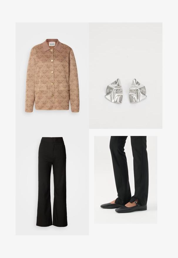 Brown patterned jacket with a collared neckline, gold buttons, and two front pockets. Made from textured fabric with subtle shimmer accents.; Black tank top made from soft, stretchy fabric. Features a round neckline and wide shoulder straps, with a fitted silhouette and smooth texture.; Black wide-leg trousers with a smooth texture, high waist, and a clean design. No visible pockets or embellishments.; Black leather ballet flats with a pointed toe, strap with silver buckle, paired with black tailored pants featuring a slit hem.; Silver metal earrings with a wavy, sculptural design featuring a polished finish and irregular shapes, highlighting a contemporary aesthetic.