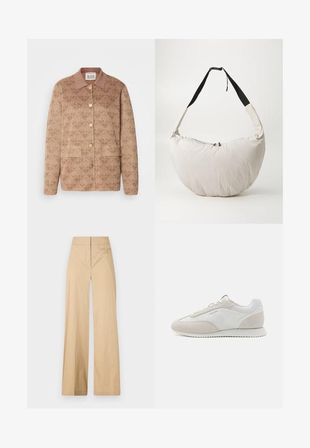 Veste marron à motif avec un col, des boutons dorés et deux poches avant. Fabriquée dans un tissu texturé avec des accents de légère brillance.; T-shirt blanc à manches longues présentant un graphique d'une personne promenant trois chiens, avec "Barbour" imprimé en noir au-dessus.; Pantalons larges beige en coton mélangé. Caractéristiques : texture lisse, taille élastique et détail à bouton sur le côté.; Baskets de couleur claire comportant un mélange de cuir blanc et de daim beige, avec une semelle texturée et un branding minimaliste sur le côté.; Sac à épaule rembourré beige clair avec une forme courbée en demi-lune. Sangle noire, fermeture éclair et logo discret à l'avant. Texture douce.