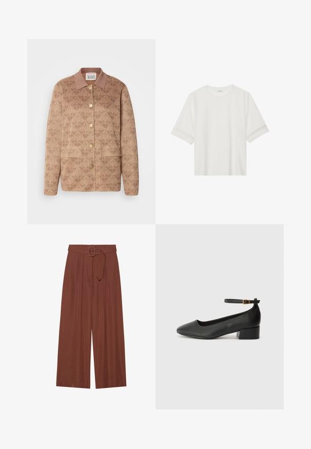 Brūns rakstainais žakets ar apkakles kaklu, zelta pogām un divām priekšējām kabatām. Izgatavots no teksturēta auduma ar smalkām spīdēšanas akcentiem.; Balta īsām piedurknēm T-kreklu, izgatavotu no kokvilnas, ar dekoratīvu mežģīņu apdari ap piedurknēm un apaļu kakla izgriezumu.; Platas kājas bikses brūnā audumā, ar jostu ar kvadrāta sprādzi, plišu dizainu un gludu tekstūru.; Melnas ādas sūkņi ar smailu purngalu un zemu bloku papēdi. Iezīmēts ar potītes siksniņu ar zelta krāsas sprādzi. Gluda tekstūra.