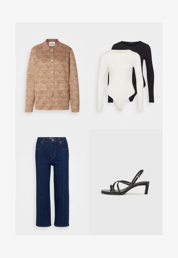 Braun gemusterte Jacke mit Kragen, goldenen Knöpfen und zwei vorderen Taschen. Hergestellt aus strukturiertem Stoff mit subtilen Glitzereffekten.; Zwei Langarmbodysuits in Weiß und Schwarz. Hergestellt aus glattem Stoff, mit runden Ausschnitten und einem String-Boden für eine schlanke Passform.; Dunkelblaue gerade Jeans mit Knopfverschluss, vorderen und hinteren Taschen sowie sichtbaren orangefarbenen Nähten entlang der Nähte.; Schwarze Sandale mit Riemchen, quadratischer Zehenform und niedrigem Blockabsatz. Verfügt über mehrere dünne Riemen und einen verstellbaren Knöchelriemen. Hergestellt aus glattem Leder.