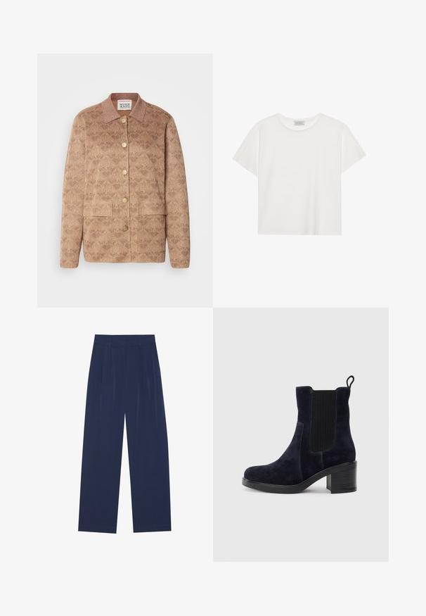 Jachetă maro cu model, cu guler, nasturi aurii și două buzunare frontale. Confecționată dintr-un material texturat cu accente subtile de strălucire.; Tricou alb cu mânecă scurtă, made din bumbac moale. Are un guler rotund și o croială lejeră. Design curat, fără modele sau accente vizibile.; Pantaloni largi de culoare bleumarin, confecționați dintr-un material moale, cu pliseuri frontale, o textură netedă și o croială dreaptă, fără buzunare vizibile.; Botine din suede de culoare bleumarin, cu panou elastic pe lateral, vârf rotunjit și toc pătrat. Materialul texturat și talpa netedă oferă un contrast.