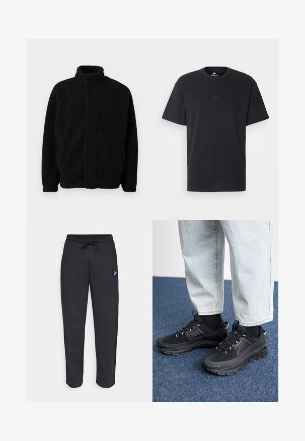 Schwarze Fleecejacke mit hohem Kragen, Reißverschluss vorne, zwei seitlichen Taschen, strukturiertem Material und Raglanärmeln. Einfaches, schlichteres Design.; Schwarzes Baumwoll-T-Shirt von Nike mit klassischem Rundhalsausschnitt, kurzen Ärmeln und einem dezenten, geprägten Logo auf der Brust. Glatte Textur.; Schwarze Sweatpants aus weichem Stoff mit elastischem Bund, Kordelzug und kleinem Nike-Logo auf dem linken Oberschenkel.; Schwarze Sportschuhe aus strukturiertem Stoff mit Gummisohlen, ausgestattet mit elastischen Schnürsenkeln und einem blauen Akzent an der Ferse. Getragen mit hellen Jeans.