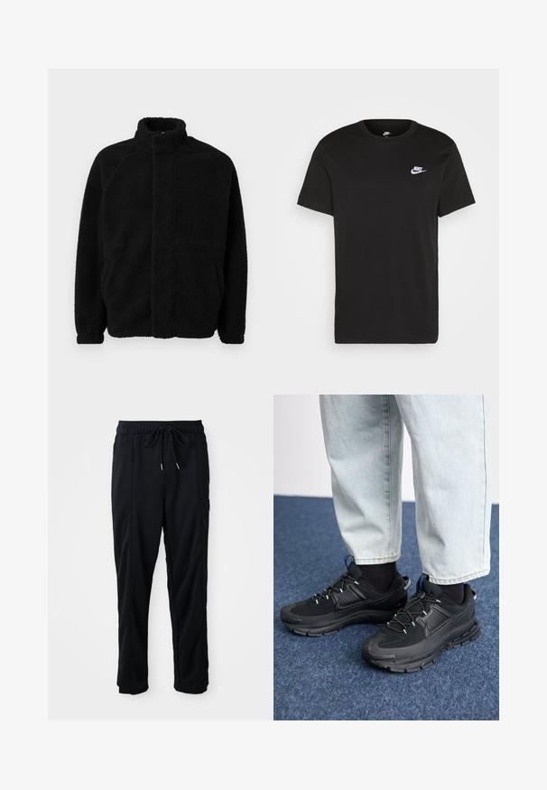 Melnā vilnas jaka ar augstu apkakli, ar rāvējslēdzēju priekšā, divām sānu kabatām, teksturētu materiālu un raglanu piedurknēm. Vienkāršs, neizrotāts dizains.; Melna kokvilnas T-kreklu ar īsām piedurknēm, apaļu kakla izgriezumu un mazu balto Nike logu kreisajā augšējā krūtī. Gluda tekstūra. Klasiskais piegriezums.; Melnas bikses ar aukliņu jostas vietā, ar sānu kabatām un taisnu kāju griezumu uz vienkrāsaina fona.; Melni sporta apavi ar strukturētu audumu un gumijas zoli, ar elastīgām auklām un zilu akcentu uz papēža. Nēsāti ar gaišām džinsu biksēm.