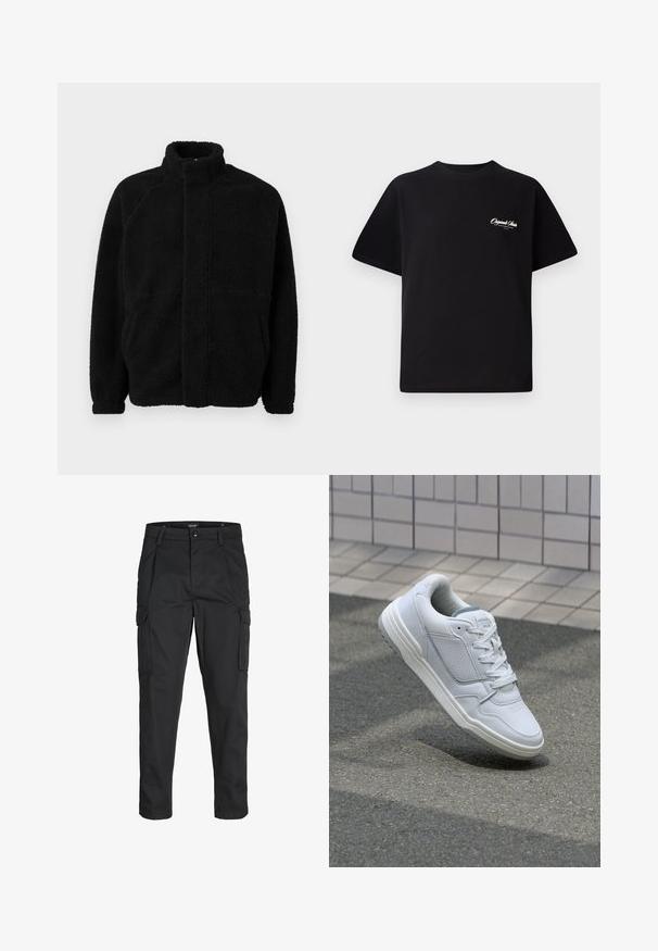 Sort fleecejakke med høj krave, lynlås foran, to sidelommer, struktureret materiale og raglanærmer. Simpelt, uudsmykket design.; Sort bomulds T-shirt med rund halsudskæring, korte ærmer og lille hvid logo tekst på venstre bryst. Enkel design, klassisk pasform.; Sorte cargo-bukser lavet af slidstærkt stof, der har flere lommer, en knaplukning og et slim fit design med smalle ben.; Hvide lædersneakers med perforerede sider, teksturerede detaljer, flade snørebånd og en kontrasterende grå hæl. Har en let forhøjet sål.