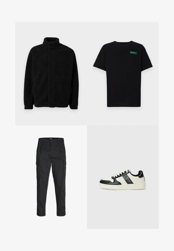 Giacca in pile nera con collo alto, chiusura con zip frontale, due tasche laterali, materiale testurizzato e maniche raglan. Design semplice e privo di decorazioni.; T-shirt nera in cotone con maniche corte. Presenta un logo verde "ROOTS" sulla parte frontale, colletto rotondo e vestibilità standard.; Pantaloni cargo neri realizzati in un tessuto resistente, dotati di molteplici tasche, chiusura con bottone e un design aderente con gambe affusolate.; Sneakers in pelle con una combinazione di colori nero e crema, dotati di dettagli perforati, collare imbottito e suola testurizzata.