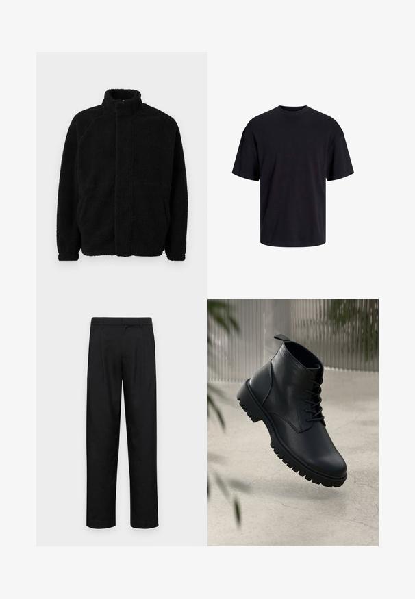 Veste en polaire noire avec col haut, fermeture éclair à l'avant, deux poches latérales, matériau texturé et manches raglan. Design simple et épuré.; T-shirt en coton noir avec un col ras du cou, des manches courtes et une coupe décontractée. Texture lisse sans motifs ni accents visibles.; Pantalons noirs en tissu lisse, avec une coupe droite, deux plis avant et une taille standard avec passants de ceinture.; Bottines en cuir noir avec un bout rond, un laçage, et une semelle en caoutchouc robuste. Texture lisse avec une languette à l'arrière.