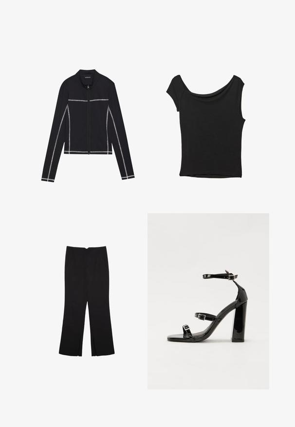 Even&Odd Mikina so zipsom - black; Čierny krátky rukáv top vyrobený z hladkej tkaniny; má prehnutý výstrih a asymetrický lem, s priliehavým telom.; Čierne nohavice so strihom rovného strihu, s prednými vreckami a bočnými rozparkami na leme. Vyrobené z mäkkej, hladkej tkaniny. Vhodné na rôzne príležitosti.; Čierne lakované sandále na podpätku so štvorcovou špičkou, navlečenými remienkami okolo členku a striebornými prackami. Disponujú masívnym blokovým podpätkom pre stabilitu.