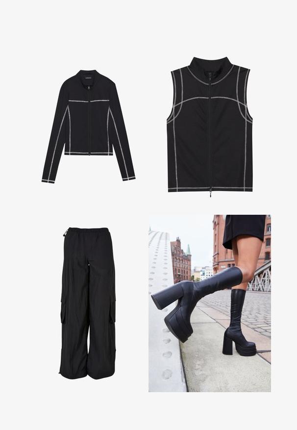 Even&Odd Lukuga pusa - black; Must mustata ilma varrukatega särk sujuvast kangast, millel on hõbedased õmblused ja eesne lukuga sulgemine, disainitud kõrge kraega.; Mustad mustad püksid elastse vöökohaga, laiem lõige, kerge kangas, küljetaskud ja peene tekstuuriga viimistlus.; Mustad mustekõrgused platvormisaapad, mis on valmistatud sileda nahaga, pakuvad paksu ruudukujulist kontsa ja stiilset disaini, taustal linnamaastik.