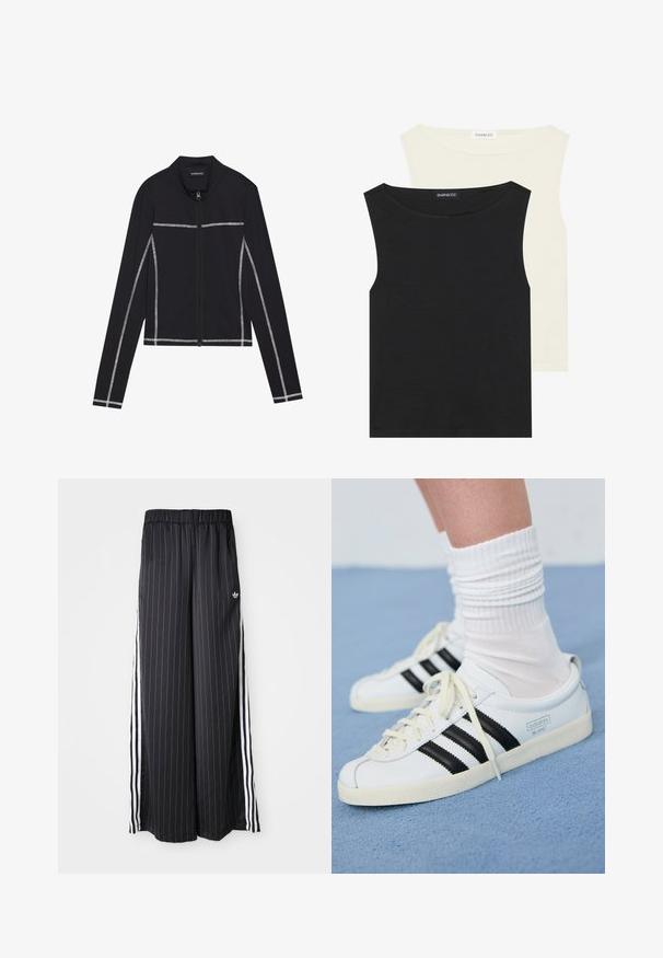 Even&Odd Majica s kapuljačom i patentnim zatvaračem - black; Crne i kremaste bezrukavne majice od pamuka, s okruglim izrezima i glatkom teksturom, složene s vidljivim etiketama.; Crne široke hlače s vertikalnim bijelim prugama, elastičnim pojasom i tri bijele pruge sa strane. Adidas logo sprijeda.; Bijele kožne tenisice s crnim prugama, kremasto bijela potplat i svijetle vezice. Nosi se s bijelim rebrastim čarapama, postavljeno na plavoj pozadini.