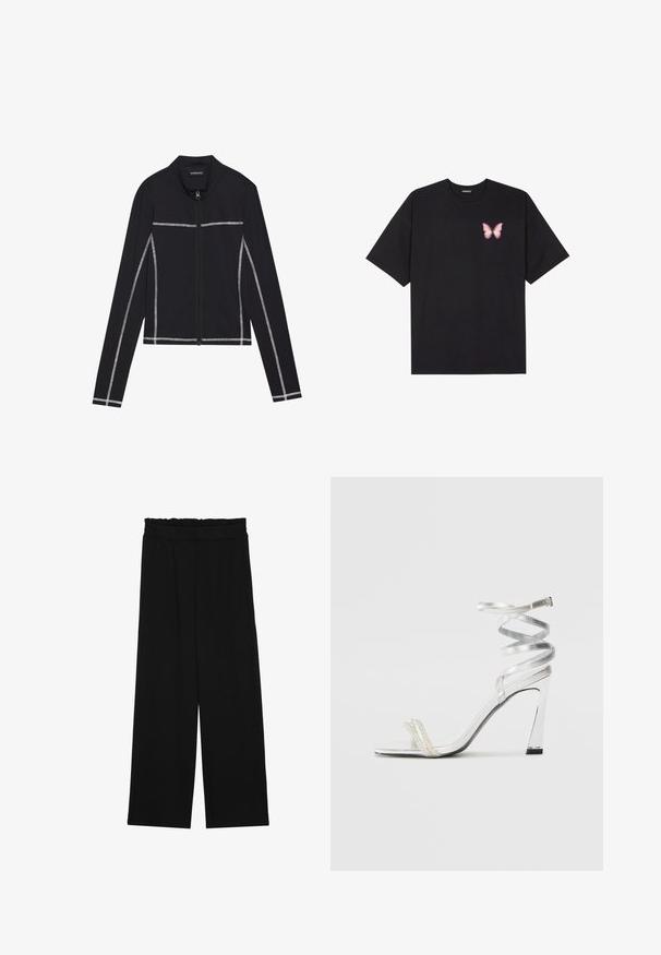 Even&Odd Camisola com fecho - black; T-shirt de algodão preto com mangas curtas, apresentando um pequeno gráfico de borboleta rosa no lado esquerdo do peito. Design de gola redonda com um corte solto.; Calças largas pretas com um cinto franzido, apresentando dois bolsos laterais e um tecido suave e leve. Sem padrões ou ferragens visíveis.; Sandalha de salto alto prateada com um design de tira brilhante, apresentando um detalhe semelhante a uma pérola e uma tira de tornozelo espiralada para um ajuste seguro.