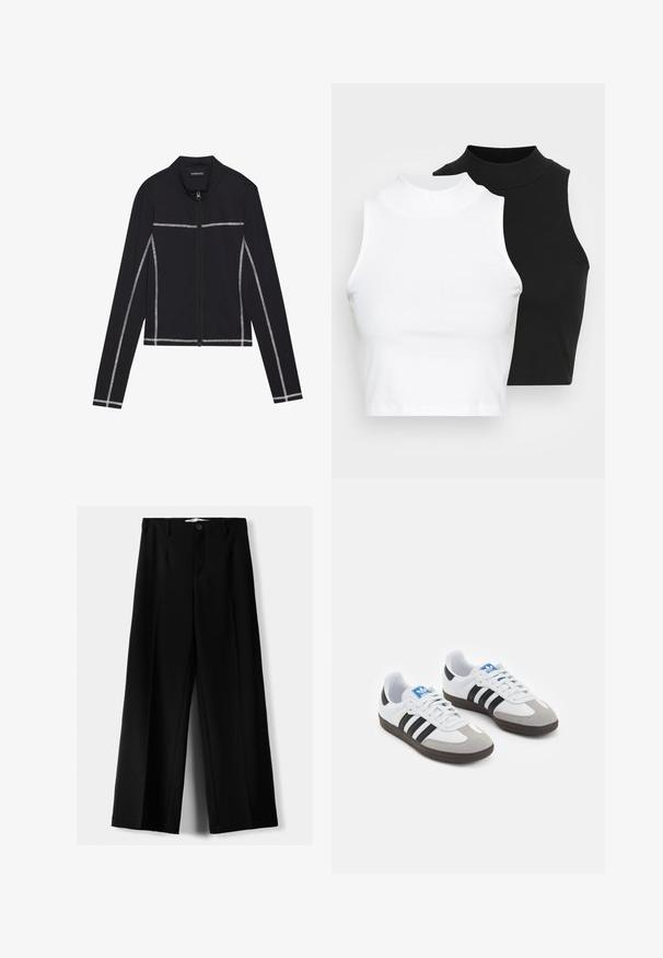 Even&Odd Felpa con zip - black; Due top in maglia senza maniche, a collo alto, in nero e bianco, con un design aderente e una superficie liscia, di lunghezza cropped.; Pantaloni neri a gamba larga realizzati in tessuto leggero, caratterizzati da una chiusura frontale con bottone e frontale piatto, con orli cuciti con precisione.; Scarpe sportive con tomaia in pelle bianca, punta in suede grigia e tre strisce nere. Presentano un logo blu sulla linguetta e una suola in gomma testurizzata.