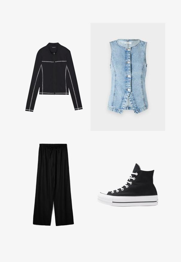 Even&Odd Bluză de molton cu fermoar - black; Vesta din denim bleu deschis, fără mâneci, cu deschidere cu nasturi și un design ajustat. Include cusături duble și o margine rotunjită.; Top lung cu mânecă lungă, de culoare neagră, fabricat dintr-un material transparent, având un gât rotund și o croială ajustată, cu margini fin finisate.; Pantaloni negri evazați dintr-un material ușor, cu un talie elastică și șnur pentru ajustarea dimensiunii. Textură netedă.; Tenisi negri înalți din pânză, cu ochiuri și sireturi albe, precum și talpă din cauciuc. Dispune de un capac texturat pentru degetul mare și accente în dungi alb-negru.