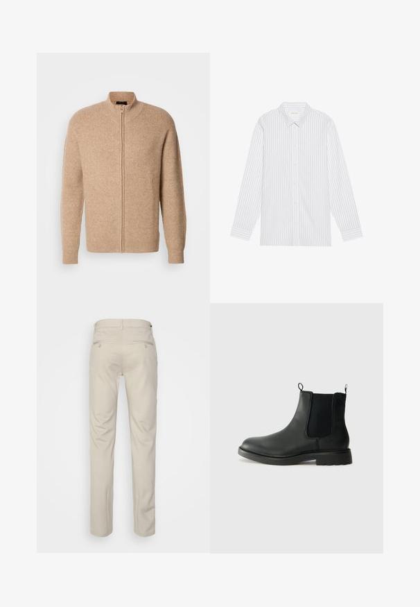 Bežinis šonkaulinis megztinis su aukštu apykakle ir priekiniais užtrauktukais. Turi ilgas rankoves ir laisvą pritaikymą, pagamintas iš minkštos, tekstūrinės medžiagos.; Balta mygtukinė marška su plonomis juodomis vertikaliomis juostelėmis, turinti klasikinį apykaklę ir ilgas rankoves su mygtukais.; Bežinės kelnės su lygia tekstūra, tiesiu pjūviu, dviem užpakalinėmis kišenėmis su sagomis ir standartine juosmena.; Juodos odinės Chelsea botai su elastingais šonų įdėklais, traukimo kilpomis, suapvalintu pirštu ir tekstūruotu guminio pado paviršiumi. Lygus paviršius ir tvirtas dizainas.