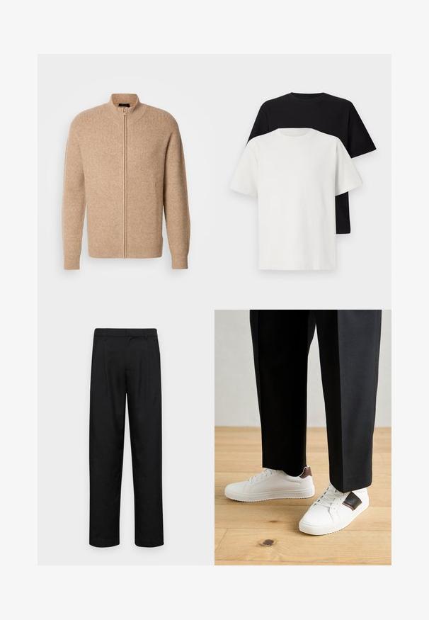 Beige Rippstrick-Pullover mit hohem Kragen und vorderem Reißverschluss. Mit langen Ärmeln und einer lässigen Passform, hergestellt aus einem weichen, strukturierten Material.; Baumwoll-T-Shirt-Set bestehend aus einem schwarzen Oberteil und einem weißen Oberteil, beide mit kurzen Ärmeln, Rundhalsausschnitt und normaler Passform. Texturiert.; Schwarze Hose aus glattem Stoff, mit geradem Bein Design, zwei vorderen Falten und einem Standardbund mit Gürtelschlaufen.; Weiße Sneakers mit glatter Textur, versehen mit braunen Lederakzenten und schwarzen Details, kombiniert mit schwarzen maßgeschneiderten Hosen. Hintergrund aus Holzboden.