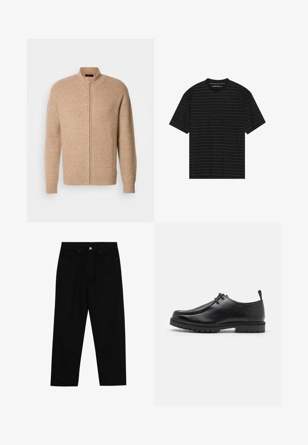 Bežs ribots adījums džemperis ar augstu apkakli un priekšējo rāvējslēdzēju. Raksturīgas garas piedurknes un brīva piegriezuma, tas ir izgatavots no mīksta, strukturēta materiāla.; Melnā īso piedurkņu T-kreklā ir plānas baltas horizontālas svītras. Izgatavots no mīkstas auduma, ar apaļu kakla izgriezumu un brīvu piegriezumu.; Melni džinsi ar taisnu kāju griezumu, piecu kabatu dizainu un priekšēju pogu aizdari. Gluda tekstūra ar minimālu šuvju detaļu skaitu.; Melnas ādas šņorējamās kurpes ar izturīgu zoli un cilpiņu uz papēža, parādītas no sāniem uz baltas fona.