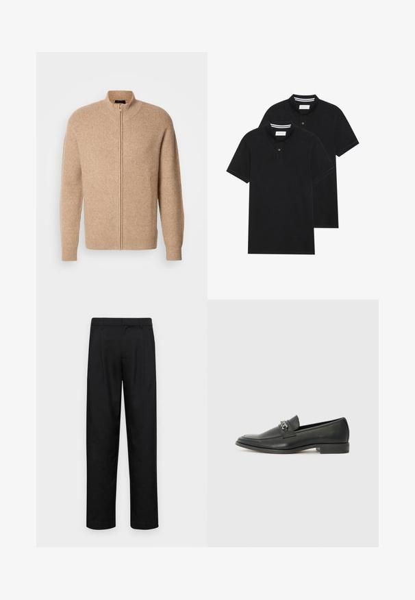 Beige Rippstrick-Pullover mit hohem Kragen und vorderem Reißverschluss. Mit langen Ärmeln und einer lässigen Passform, hergestellt aus einem weichen, strukturierten Material.; Zwei schwarze Polohemden, kurzärmlig, aus Baumwolle, mit einem klassischen Kragen, zwei Knöpfen und weißen Streifenakzenten im Inneren des Kragens.; Schwarze Hose aus glattem Stoff, mit geradem Bein Design, zwei vorderen Falten und einem Standardbund mit Gürtelschlaufen.; Schwarzer Lederloafer mit glatter Oberfläche, ausgestattet mit einer gesteppten Gestaltung und einem dekorativen Metallkettendetail über dem Vorderblatt. Flacher Absatz.