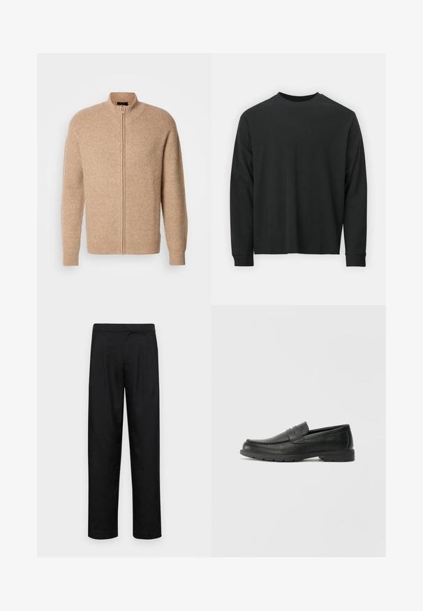 Beige rib-knit sweater with high collar and front zipper. Features long sleeves and a casual fit, made from a soft, textured material.; Long-sleeve black T-shirt made of cotton, featuring a round neckline, loose fit, and ribbed cuffs. Smooth texture with no visible patterns.; Black trousers made of smooth fabric, featuring a straight-leg design, two front pleats, and standard waistband with belt loops.; Black leather loafers with a smooth finish, moccasin-style upper, stitched detailing, and a rubber sole. Classic design with a low heel.