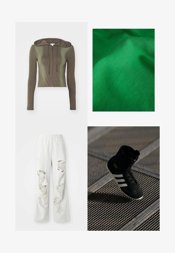 Jaded London ZIP THROUGH HOODIE - Chaqueta de entrenamiento - brown; Tejido verde texturizado con un patrón de estrías finas, que presenta características de superficie suave y lisa. Ligero brillo visible.; Pantalones de chándal gris claros con un corte holgado, que presentan múltiples parches desgastados, una textura suave y una cintura elástica.; Zapatilla alta negra con rayas blancas y logo dorado, con un upper texturizado, cordones y una suela de goma en contraste.