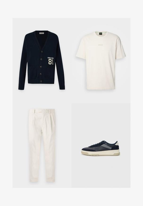 Marineblå cardigan med V-hals, ribbestrikkede mansjetter og nederkant, med to frontlommer og en "GUESS JEANS" logo med nummer 81 på venstre side.; BOSS TEE - T-shirts - open white; Hvite, pregede bukser med skreddersydd passform, som har en jevn tekstur, beltehemper og avsmalnende ben. Ingen synlige lommer eller mønstre.; BOSS BALTIMORE - Joggesko - open blue