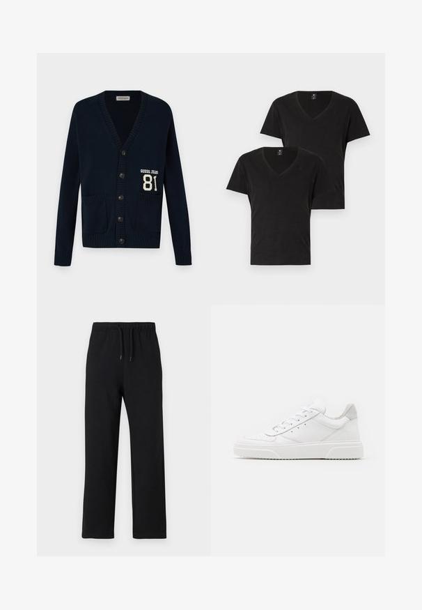 Námornícky kardigán s výstrihom do V, rebrovanými manžetami a lemom, obsahujúci dve predné vrecká a logo "GUESS JEANS" s číslom 81 na ľavej strane.; Dvoje čiernych tričiek s výstrihom do V vyrobených z jemnej bavlny. Krátke rukávy a štandardný strih. Minimalistický dizajn s decentným logom na hrudi.; Jack & Jones JPSTKANE JJCHARGE UNCUFFED - Tepláky - black; Biele kožené tenisky s hladkým povrchom, zaoblenou špičkou, plochými šnúrkami a textúrovanou podrážkou. Sivý semišový akcent na päte.