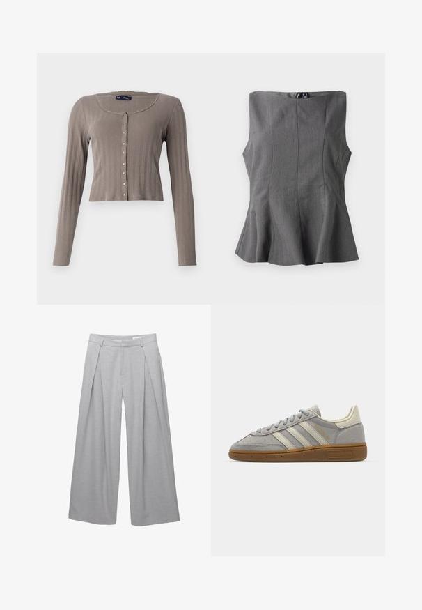 Dolgimi rokavi, skrajšan kardigan iz svetlo rjave ribane tkanine. Ima okroglo ovratnico in zapiranje na gumbe z metalnimi detajli.; Sivina peplum majica s strukturiranim, bezrukavnim dizajnom. Izrađena od glatkog materijala, s vertikalnim šavovima i ravnim dekolteom.; Světle šedé široké kalhoty vyrobené z texturované látky, s předními sklady, poutky na pásek a přizpůsobeným pasem. Bez viditelných zapínání.; Sive športne copate iz semiša z svetlosivimi usnjenimi črtami in gumijastim podplatom. Značilnosti vključujejo vezalni sistem in subtilno blagovno oznako na jezičku.